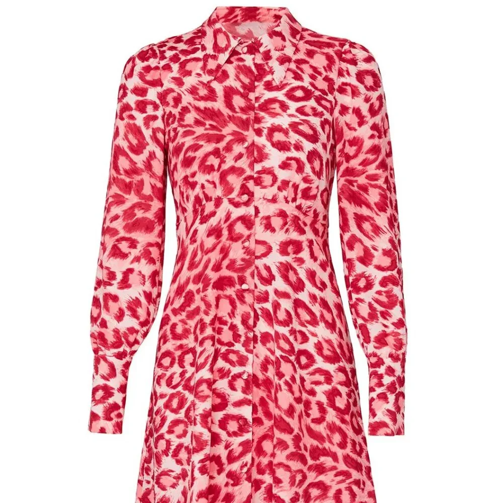KATE SPADE NEW YORK Panthera Shirtdress in Pink + Red Leopard Print Size 2 NWOT